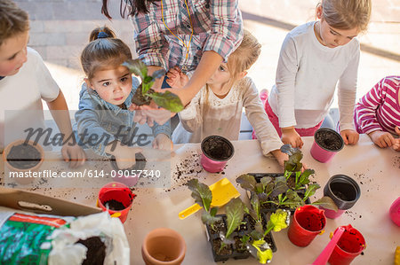 Mid adult woman helping young children with gardening activity, elevated view