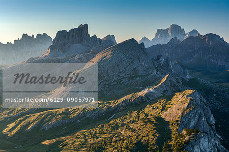 Europe, Italy, Veneto, Belluno, Cortina d Ampezzo, Dolomites. Panorama towards the Croda da Lago, Averau Nuvolau and Pelmo. In the foreground the Croda Negra. Dolomites