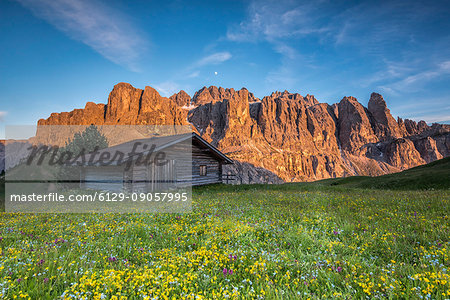 Passo Gardena, Dolomites South Tyrol, Italy. Alpenglow in the wall of the Sella Passo Gardena, Dolomites South Tyrol, Italy. Alpenglow in the wall of the Sella