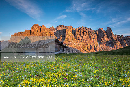 Passo Gardena, Dolomites South Tyrol, Italy. Alpenglow in the wall of the Sella