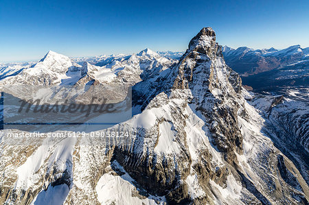 Aerial view of Cresta del Leone towards the peak of Matterhorn Zermatt canton of Valais Switzerland Europe