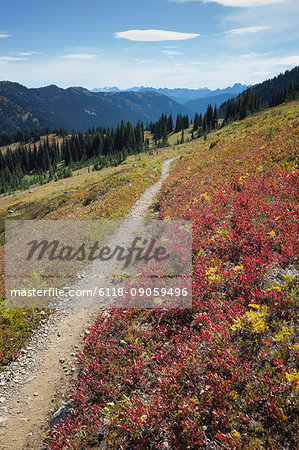 Hiking trail in the North Cascades, Pacific Crest Trail through pristine alpine wilderness, autumn, near Granite Pass, Pasayten Wilderness, Okanogan National Forest, Washington.