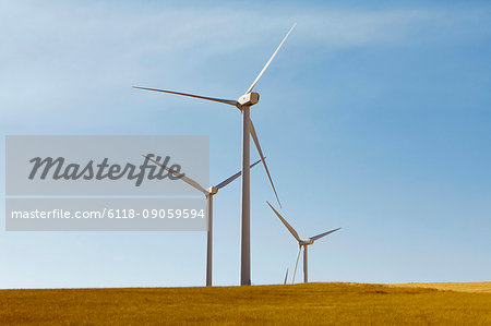 Tall wind turbines in open country farmland in Washington.