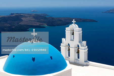 Blue dome and belltower of the church of St. Gerasimos, Firostefani, Fira, Santorini, Cyclades, Greek Islands, Greece, Europe