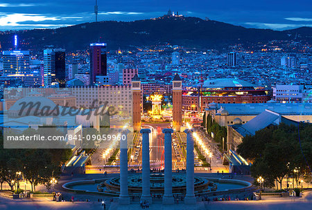 View at twilight from the steps to the Palau Nacional on Montjuic Hill over Barcelona, Catalonia, Spain, Europe