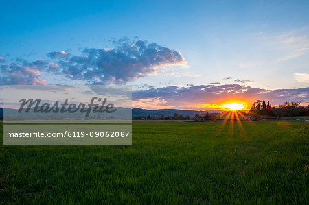 Sunset over fields, Gubbio, Umbria, Italy, Europe