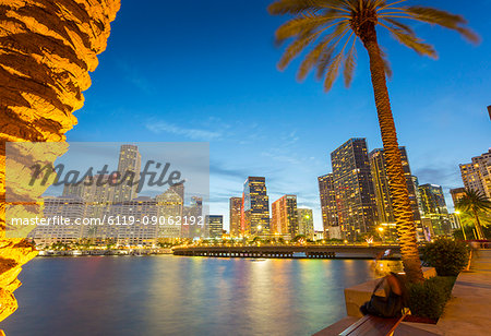 Downtown Miami skyline from Brickell Key at dusk, Downtown Miami, Miami, Florida, United States of America, North America