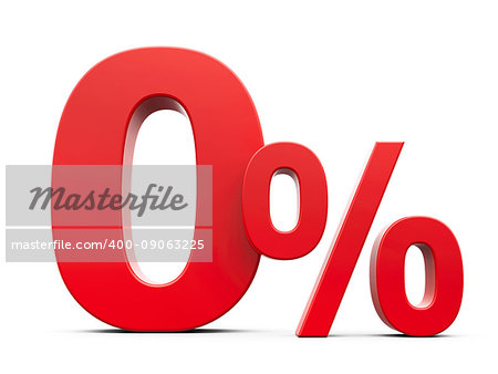 Red zero percent sign isolated on white background, three-dimensional rendering, 3D illustration