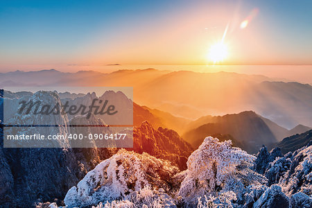 Sunrise above the mountain peaks of Huangshan National park. China.
