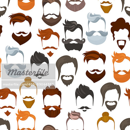 Seamless pattern of men cartoon hairstyles with beards and mustache.Fashionable stylish types lumbersexual or hipsters silhouette seamless background. Cartoon flat style vector illustration
