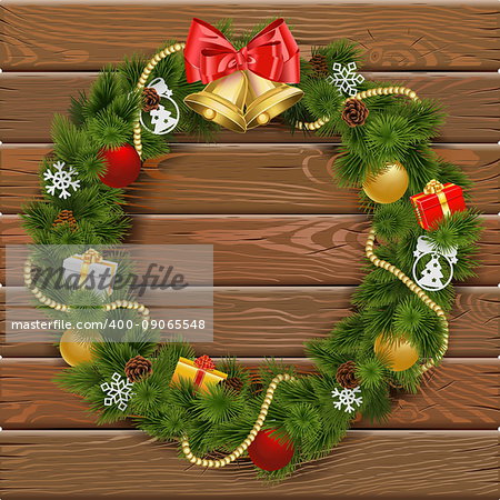 Vector Christmas Wreath on Wooden Board 2 with gifts, snowflakes, baubles and bell