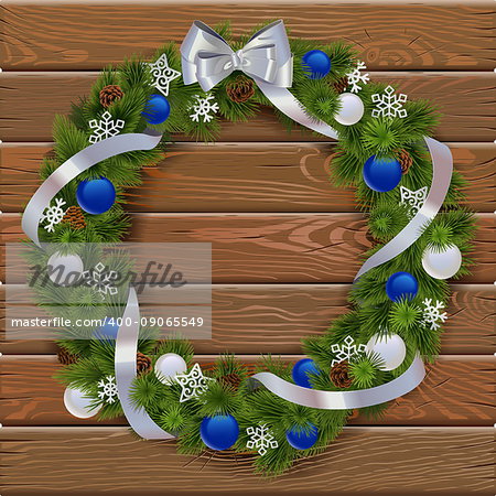 Vector Christmas Wreath on Wooden Board 3 with blue decorations