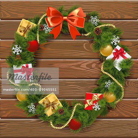 Vector Christmas Wreath on Wooden Board 5 with red bow