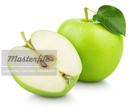 Ripe green apple fruit with apple half and green apple leaf isolated on white background. Apples and leaf with clipping path