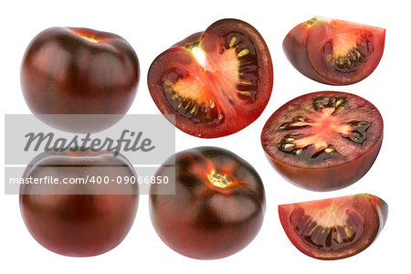 Black tomatoes isolated on white background with clipping path
