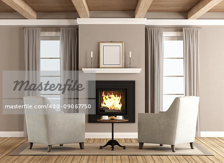 Classic living room with two armchairs in front of the fireplace - 3d rendering