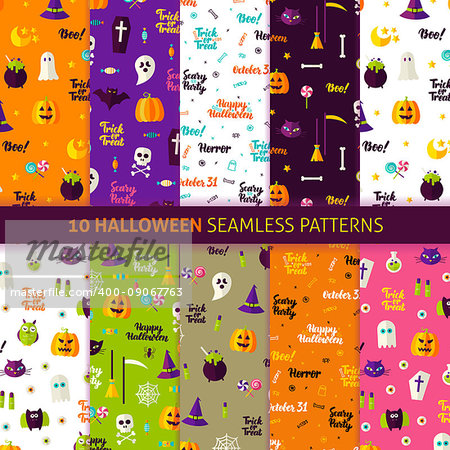 Halloween Holiday Seamless Patterns. Vector Illustration of Holiday Background. Trick or Treat.