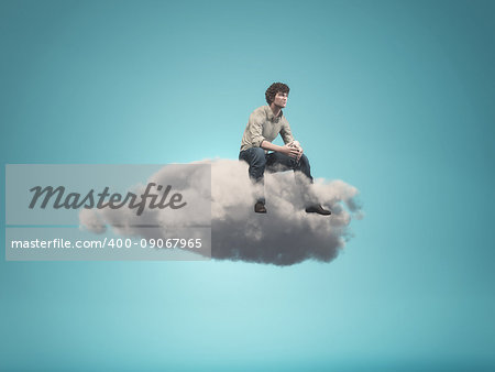 Surreal  image of a man sitting on a gray cloud - 3d render illustration