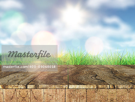 3D render of a rustic wooden table looking out to a grassy landscape