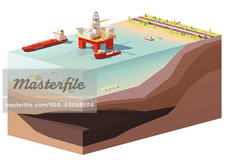 Vector low poly offshore oil rig drilling platform, tanker ship and platform support vessel