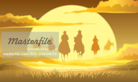 Team of cowboys silhouette galloping in the sky against a sunset background