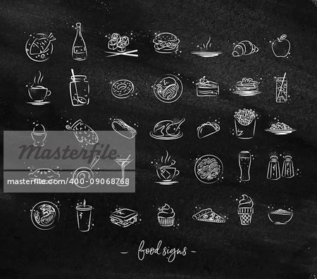 Set of food icons drawing with chalk on chalkboard