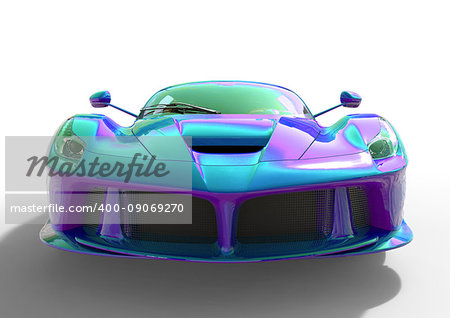 Sports car front view. The image of a sports violet-blue pearl car on a white background. 3d illustration