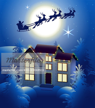 Santa Claus in sleigh reindeer silhouette in background of full moon in night sky. Christmas house illumination in winter forest. Vector illustration greeting card