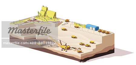 Vector low poly open pit coal mine quarry with mining haul trucks, rope shovel and dragline excavators
