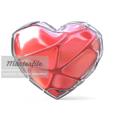 Red heart with broken iced shell. 3D render illustration isolated on white background