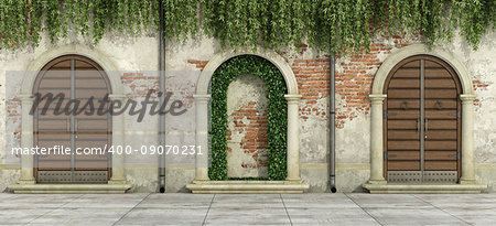 Old facade with wooden doorways and niche with hedges - 3d rendering