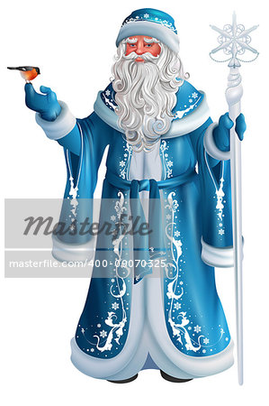Blue Russian grandfather frost. Russian Santa Claus Saint Nicholas. Isolated on white vector cartoon illustration