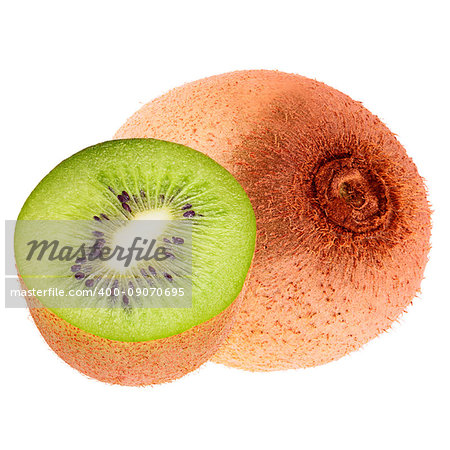 Isolated fruits. Isolated one whole and half kiwi on white background with clipping path as a package design element.