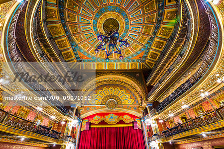 View of the interior of the Juarez Theater (Teatro Juarez) showing the stage and the intricate patterned ceiling in Guanajuato City, Mexico