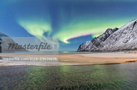 Green lights of Northern Lights (aurora borealis) reflected in the cold sea surrounded by snowy peaks, Ersfjord, Senja, Troms, Norway, Scandinavia, Europe