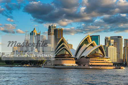 The Sydney Opera House, UNESCO World Heritage Site, and skyline of Sydney at sunset, New South Wales, Australia, Pacific
