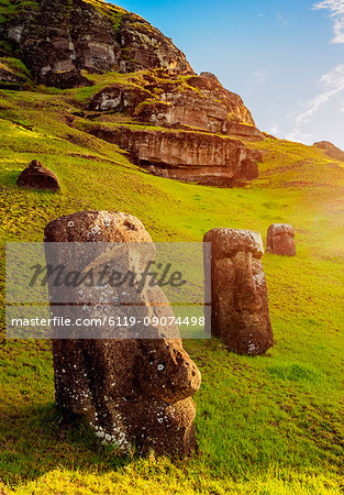 Moais at the quarry on the slope of the Rano Raraku Volcano, Rapa Nui National Park, UNESCO World Heritage Site, Easter Island, Chile, South America