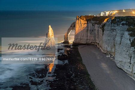 Long exposure at sunset of the chalk cliffs, Etretat, Normandy, France, Europe