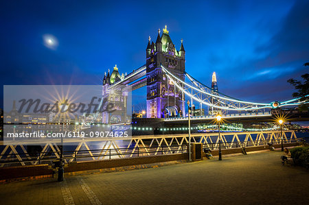 A moonlit evening in London with a view of Tower Bridge and the Shard behind, London, England, United Kingdom, Europe