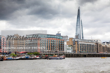 Butler's Wharf and the Shard seen from the River Thames, London, England, United Kingdom, Europe