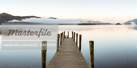 Wooden jetty at Barrow Bay landing, Derwent Water, Lake District National Park, UNESCO World Heritage Site, Cumbria, England, United Kingdom, Europe