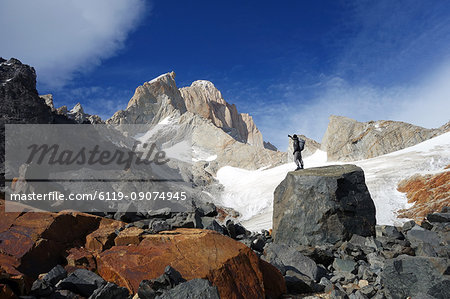 Looking up towards Monte Fitz Roy, El Chalten Massif, Argentine Patagonia, Argentina, South America