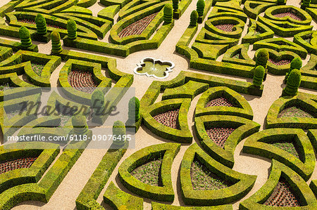 High angle view of parterre in the formal gardens of a baroque chateau.