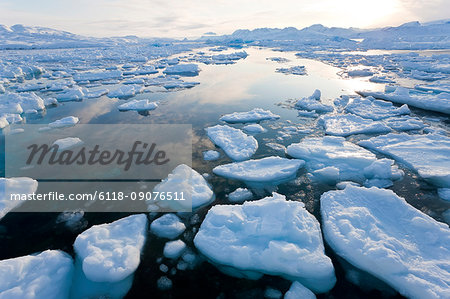 Winter landscape with ice sheets floating on the ocean surface.