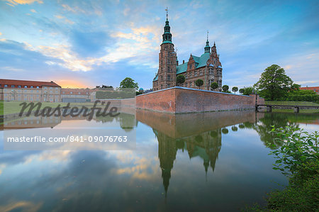 Rosenborg Castle reflected in the canal, Kongens Have, Copenhagen, Denmark, Europe