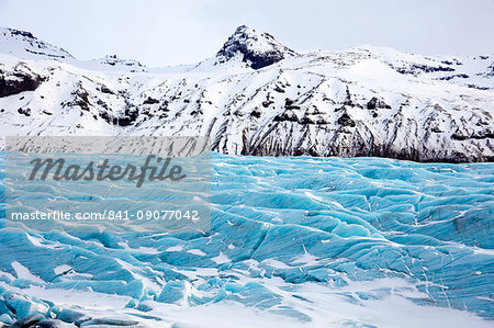 Blue glacier ice on Svinafellsjokull, a tongue of the vast Vatnajokull Glacier, near Skaftafell, South Iceland, Polar Regions