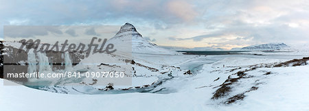 Panoramic winter view of Kirkjufell (Church Mountain), Grundafjordur, Snaefellsnes Peninsula, Iceland, Polar Regions