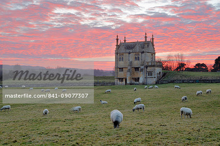 Banqueting House of Campden House and sheep at sunset, Chipping Campden, Cotswolds, Gloucestershire, England, United Kingdom, Europe