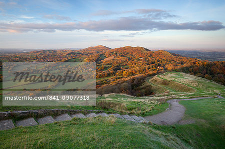 Iron-age British Camp hill fort and the Malvern Hills in autumn, Great Malvern, Worcestershire, England, United Kingdom, Europe