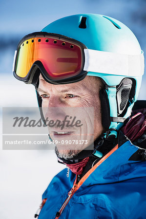 Portrait of skier, outdoors, close-up